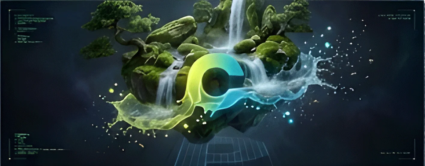 Sarcasm Festival projection piece: a floating mossy island with waterfalls wrapped around a glowing Cascade Pixel C
